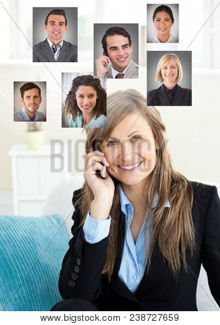 Woman holding phone with Profile portraits of people contacts
