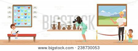 Museum Visitors Watching Exhibits In The Museum, People Attending Museum Horizontal Vector Illustrat