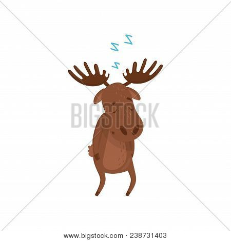 Cartoon Character Of Sleepwalker Moose. Wild Forest Animal. Brown Eurasian Elk With Large Branched H