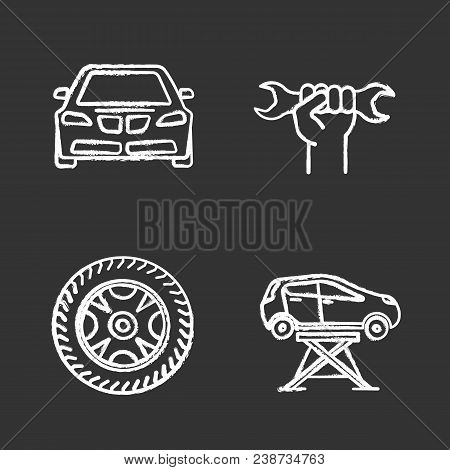 Auto Workshop Chalk Icons Set. Car, Wrench In Hand, Car Rim And Tire, Auto Repair Jack. Isolated Vec