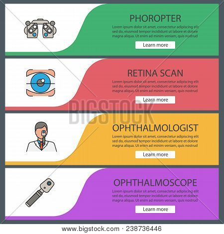 Ophthalmology Web Banner Templates Set. Phoropter, Retina Scan, Ophthalmologist, Ophthalmoscope. Web