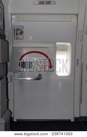 Borispol, Ukraine - April 25, 2018: Overwing Emergency Exit In Boeing 777 Aircraft. Editorial Use On