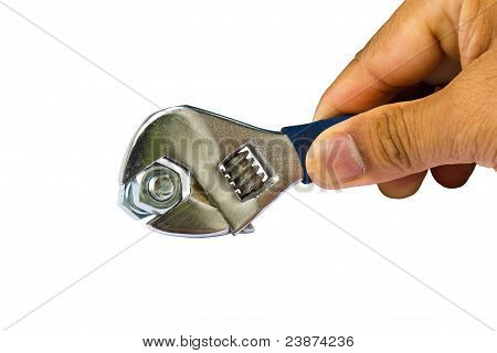 Hand Hold Wrench To Tighten Nut On White Background