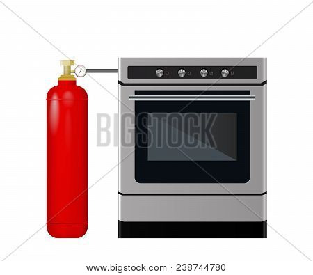Kitchen Stove With A Red Balloon. Vector Illustration. A Container With Liquefied Natural Gas.