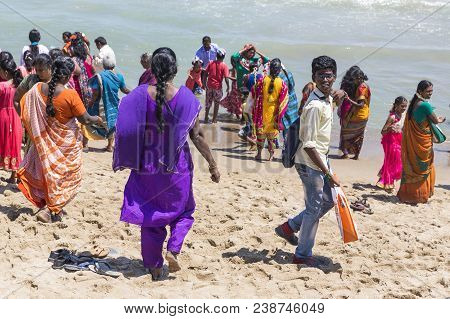 Masi Magam Festival, Puduchery, Pondichery, Tamil Nadu, India - March 1, 2018. Group Of Unidentified