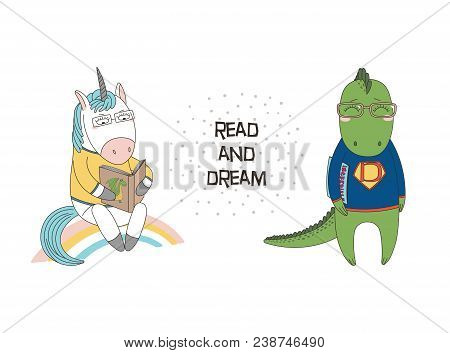 Hand Drawn Vector Illustration Of A Cute Funny Cartoon Unicorn Reading A Book, Dragon In Glasses And