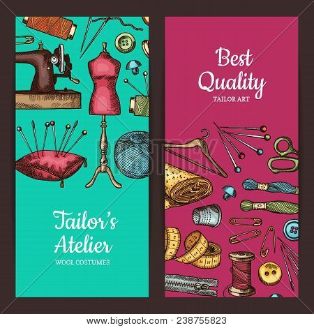 Vector Hand Drawn Sewing Elements Vertical Flyer Templates For Sewing Classes Or Tailors Shop Illust