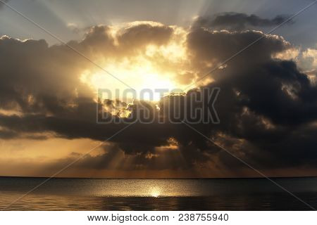 Sunset Rays Shining Through The Clouds Adriatic Sea Montenegro, Europe.