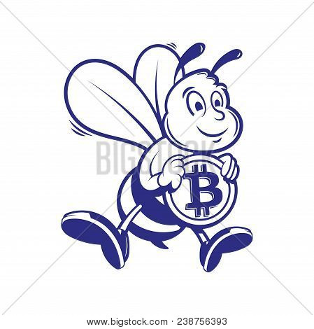 Cryptocurrency Concept Graphic Cartoon Character Fun Happy Cute Smile Bee Mining Miners Working Fly 