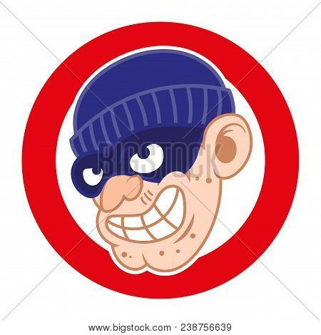 Big Cartoon Dangerous Criminal Face Insidious Cunning Thief Offender Witch Dressed In Dark Mask. On 