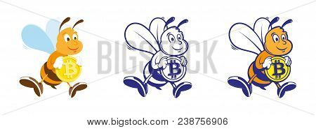 Set Cryptocurrency Concept Cartoon Character Fun Happy Cute Smile Bee Mining Miners Working Fly And 