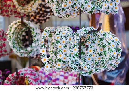 Flower Booths, Selling Head Weaths Made Of Flowers. Shop With Flowers On Wreaths Head. Beautiful Cha
