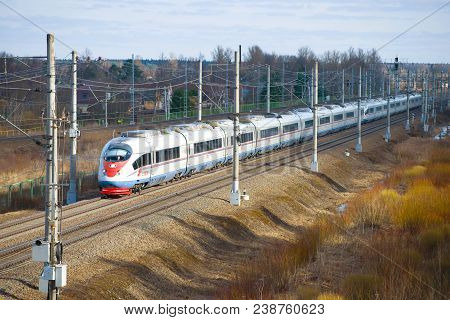 Leningrad Region, Russia - April 10, 2018: Twin High-speed Train Evs1 