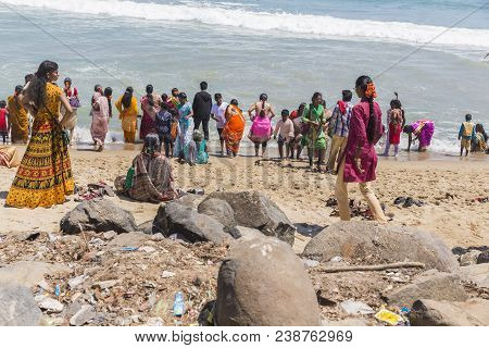 Masi Magam Festival, Puduchery, Pondichery, Tamil Nadu, India - March 1, 2018. Group Of Unidentified