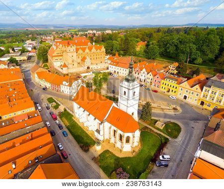 The castle Horsovsky Tyn founded in the half of the 13th century. In 1547, it was rebuilt into a fascinating monumental renaissance castle. Czech Republic. Aerial view of a landmark in Czech Republic.
