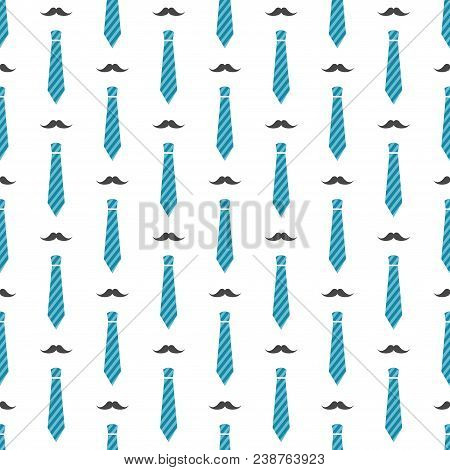 Vector Seamless Male Pattern With Mustaches And Blue Neckties. Male Hipster Background. Fashion Mini