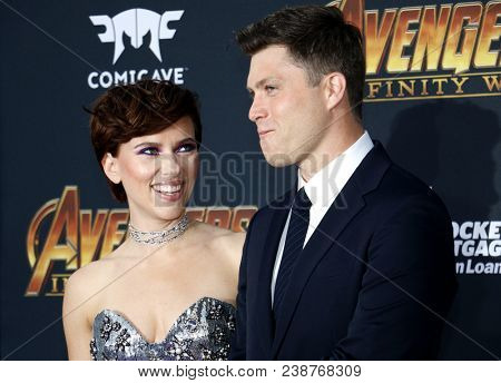 Scarlett Johansson and Colin Jost at the premiere of Disney and Marvel's 'Avengers: Infinity War' held at the El Capitan Theatre in Hollywood, USA on April 23, 2018.