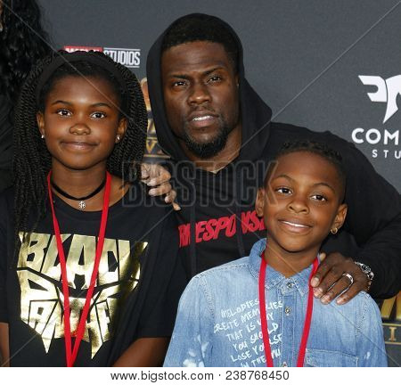 Kevin Hart, Heaven Hart and Hendrix Hart at the premiere of Disney and Marvel's 'Avengers: Infinity War' held at the El Capitan Theatre in Hollywood, USA on April 23, 2018.