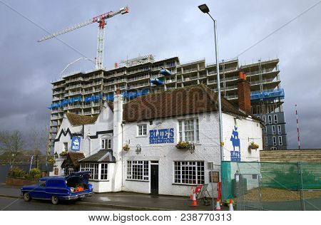 Bracknell, England - April 03, 2018: The Blues Smokehouse, Formerly A Pub And Coaching Inn, In Front
