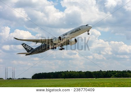 Berlin, Germany - April 27, 2018: Takeoff Of The Wide-body Jet Airliner Airbus A350 Xwb. Exhibition 
