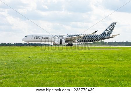 Berlin, Germany - April 27, 2018: Landing Of The Wide-body Jet Airliner Airbus A350 Xwb. Exhibition 