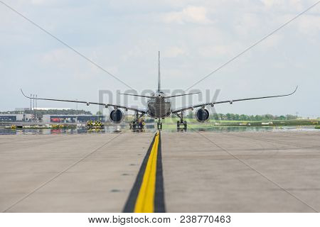 Berlin, Germany - April 27, 2018: Wide-body Jet Airliner Airbus A350 Xwb On The Runway. Exhibition I