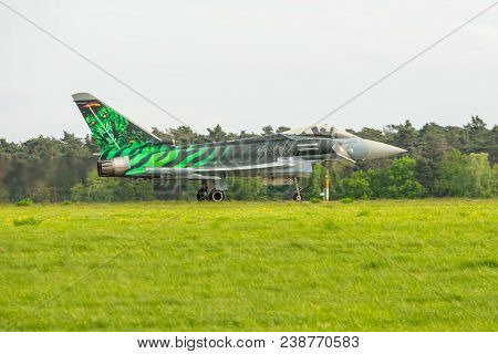 Berlin, Germany - April 27, 2018: Multirole Fighter Eurofighter Typhoon On The Runway. Exhibition Il