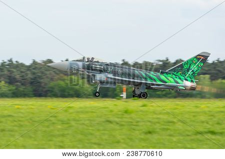 Berlin, Germany - April 27, 2018: Multirole Fighter Eurofighter Typhoon On The Runway. Exhibition Il