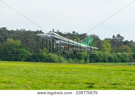 Berlin, Germany - April 27, 2018: Multirole Fighter Eurofighter Typhoon On The Runway. Exhibition Il