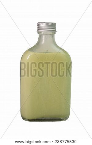 Green Milk Tea In Glass Bottle On White Background With Clipping