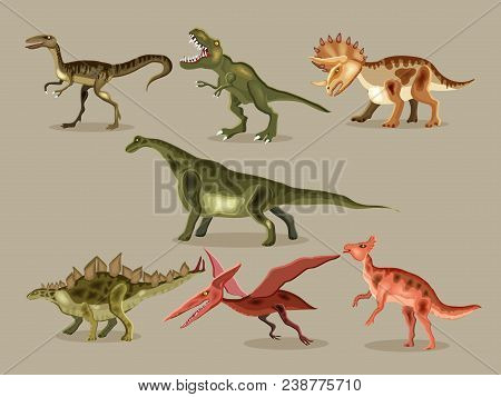 Vector Cartoon  Set Of A Dinosaurs. T-rex,  Tyrannosaur, Velociraptor, Triceratops, Brontosaurus, Pa