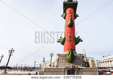 View Of Rostral Column On Birzhevaya Ploschad In St Petersburg City In Spring