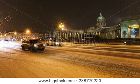 View Of Kazansky Cathedral On Snow-covered Nevsky Prospect Street In Night Snowfall In Saint Petersb