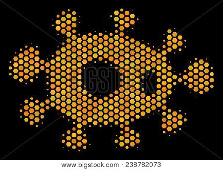 Halftone Hexagon Bacteria Icon. Bright Golden Pictogram With Honey Comb Geometric Structure On A Bla