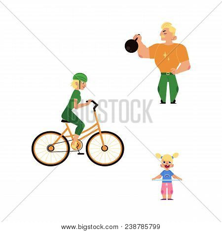 Sport Family Concept Set With Members Engaged In Different Kinds Of Sports. Man Bodybuilding, Woman 