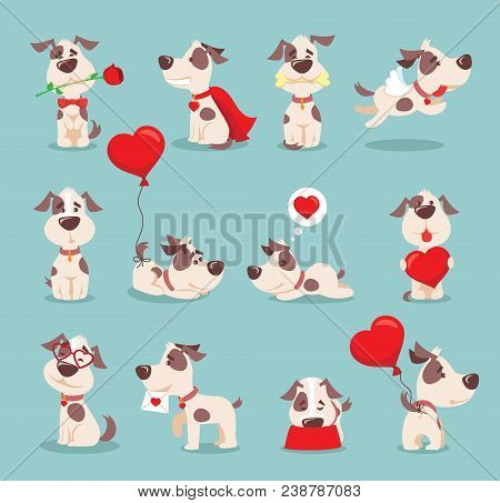 Vector Illustration Set Of Cute And Funny Cartoon Little Valentine Dogs-pupies In Love With Heart, R
