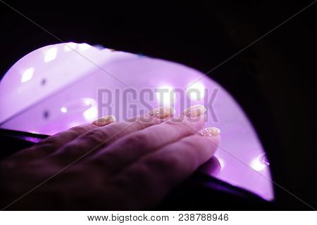 Uv Lamp Gel Polish Manicure Process In A Beauty Salon. Salon Procedure. The Master Coats The Client'