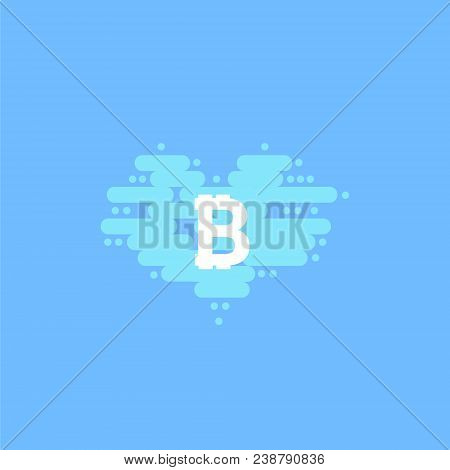 Bitcoin In Cloud In The Shape Of A Heart With Shadow And Blue Sky Background.