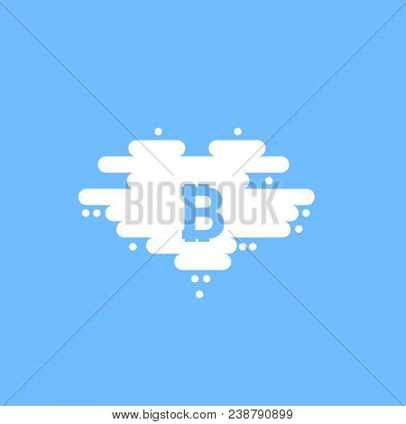 Bitcoin In Cloud In The Shape Of A Heart With Shadow And Blue Sky Background.