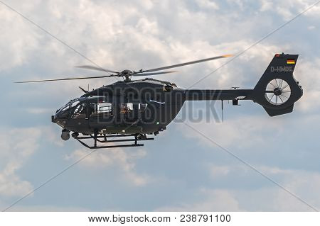 Berlin - Apr 27, 2018: New Airbus H145m Military Helicopter Performing At The Berlin Ila Air Show.