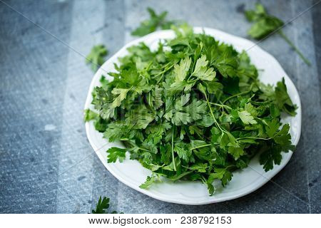 Leaves Of Washed Parsley On A Plate