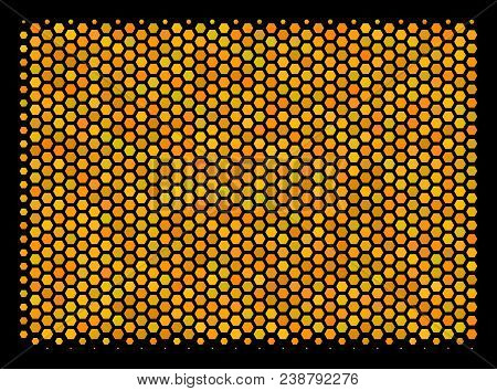 Halftone Hexagonal Filled Rectange Icon. Bright Golden Pictogram With Honey Comb Geometric Pattern O
