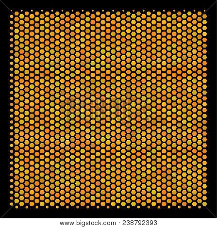 Halftone Hexagon Filled Square Icon. Bright Yellow Pictogram With Honey Comb Geometric Pattern On A 