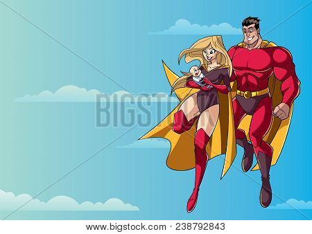 Full Length Illustration Of Happy Super Mom And Super Dad With Super Baby, Flying In The Sky.