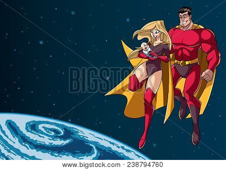 Full Length Illustration Of Happy Super Mom And Super Dad With Super Baby, Flying In The Outer Space