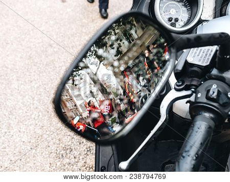 Strasbourg, France - Sep 12, 2018: Crowd Reflection In Motorcycle Moped Mirror During A French Natio