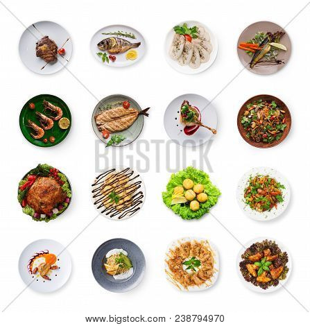 Set Of Various Restaurant Meals Isolated On White Background. Collage Of Different Main Courses And 