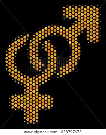 Halftone Hexagonal Heterosexual Symbol Icon. Bright Gold Pictogram With Honeycomb Geometric Pattern 