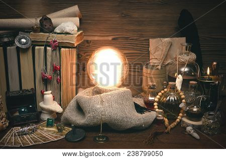 Crystal Ball And Tarot Cards On Fortune Teller Desk. Future Reading Concept. Paranormal Magic Table.