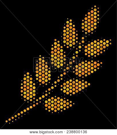 Halftone Hexagonal Leaf Branch Icon. Bright Yellow Pictogram With Honeycomb Geometric Structure On A